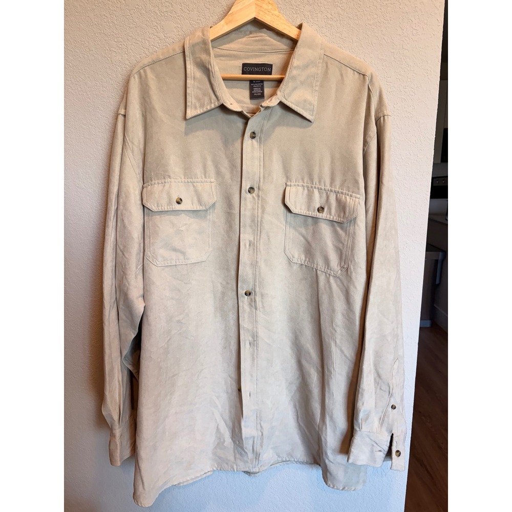 Covington Mens XXL Tan Faux Suede Long Sleeve Button Down Utility Shirt Beige